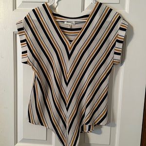 Blue, yellow, white striped blouse